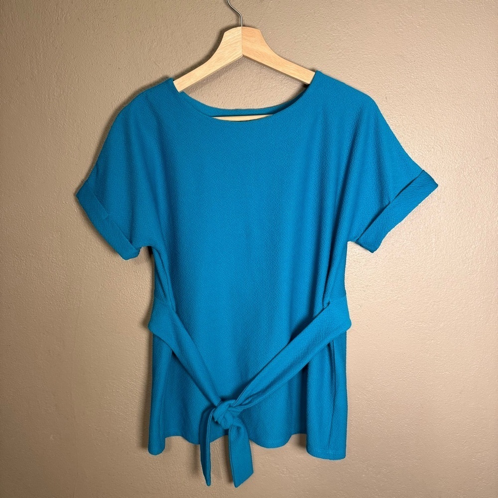 Dana Buchman Teal Textured Short Sleeve Tie Waist Blouse Women's Size Small Boho